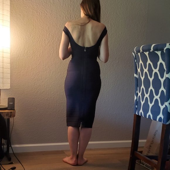 HERVE LEGER ARDELL BOAT-NECK BANDAGE DRESS in NAVY - Picture 8 of 8